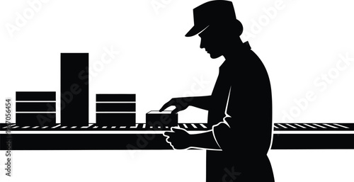 Factory worker silhouette industrial labor and manufacturing process in black and white