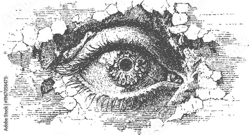 Detailed vintage eye illustration breaking through cracked wall texture in black and white