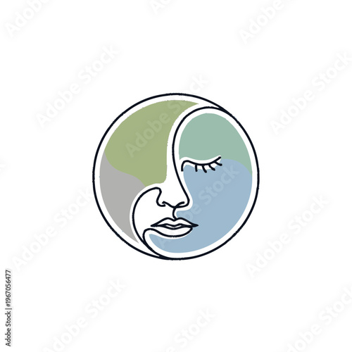 Abstract crescent moon face with closed eyes and serene expression.
