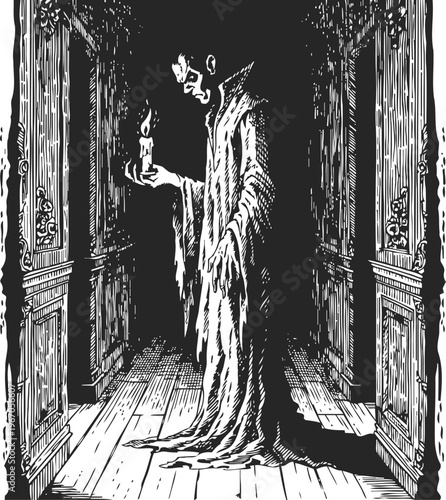 Mysterious ghost with candle in dark hallway spooky figure wearing robe, eerie atmosphere, horror and supernatural theme