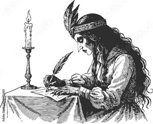 Woman in carnival mask writing by candlelight vintage spooky illustration with feathers and long flowing hair