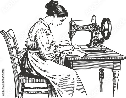 Vintage woman sewing with mechanical sewing machine at wooden table in detailed black and white illustration