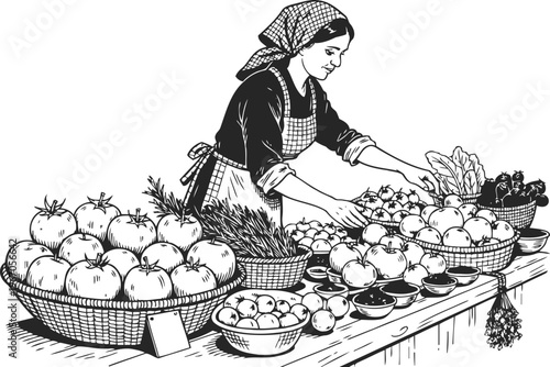 Woman selling fresh fruits and vegetables at market stall with baskets and bowls