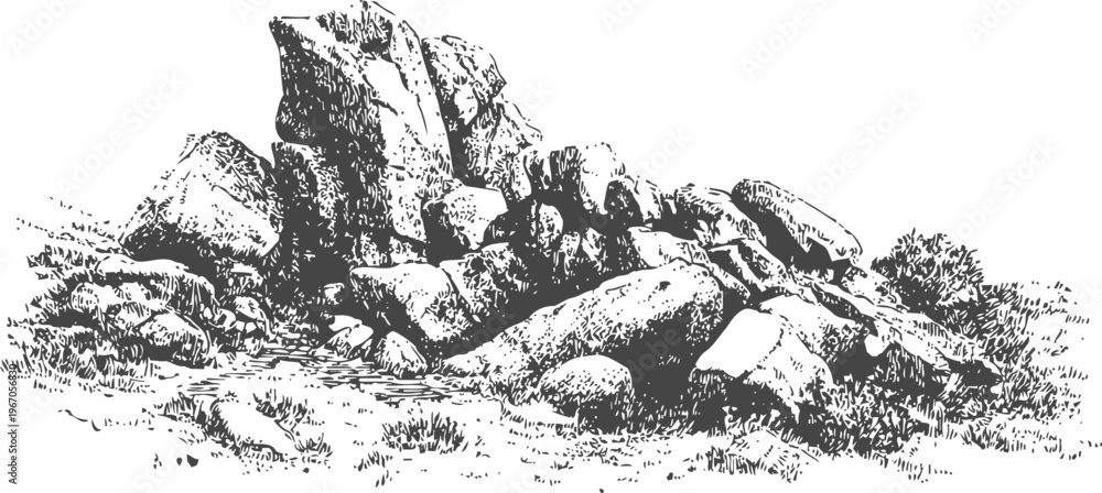 Obraz premium Rocky landscape with large boulders and sparse vegetation in natural outdoor setting