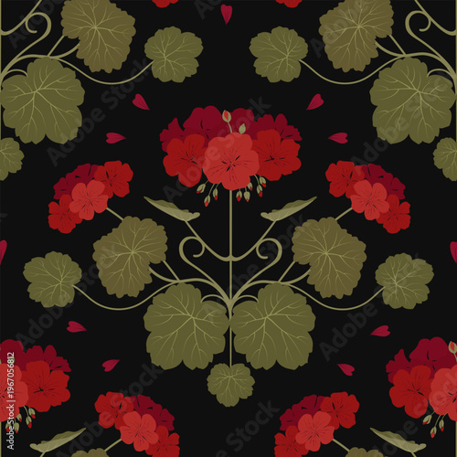 Vintage red geranium seamless floral pattern