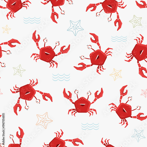 Seamless pattern with cute cartoon red crabs and starfish on a light background