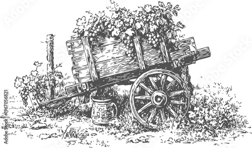 Rustic wooden cart overflowing with grapes beside old wine barrel in vineyard countryside scene