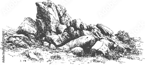 Rocky landscape with large boulders and sparse vegetation in natural outdoor setting
