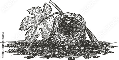 Nest with empty egg inside on ground next to vine leaf and branch hand drawn natural wildlife habitat illustration