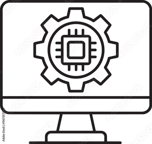 Desktop computer monitor with gear and microchip line icon representing system hardware settings and software optimization