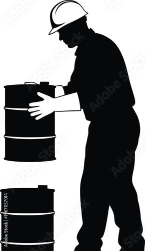 Worker pushing barrels a silhouette of industrial labor and heavy lifting