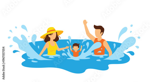 A flat vector illustration shows a family of three, a man, a woman, and a child, happily splashing in a bright blue swimming pool.