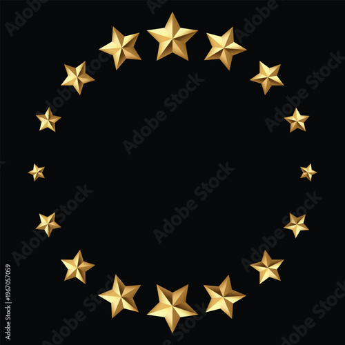 Golden stars frame round circle. Shiny metallic finish catches light. Ideal for awards, ratings, or festive designs. Clean black background enhances focus. Minimalist aesthetic suits modern projects
