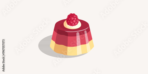 Layered raspberry pudding dessert with fresh raspberry topping and cream, gourmet fruit jelly cake in flat vector style isolated on white.