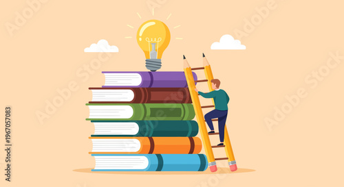 A young man climbs a ladder made of two yellow pencils, ascending a large stack of six colorful books to reach a brilliantly glowing lightbulb that represents the enlightening power of true knowledge
