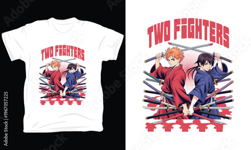 Two fighters anime illustration with swords, japanese warriors fighting.