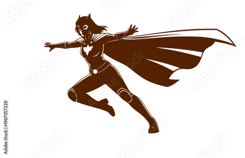Sci-Fi Superheroine Silhouette Sticker, Modern Cape Hero Landing Vector, High Contrast Action Movie Character Illustration