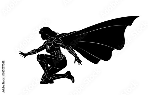 Sci-Fi Superheroine Silhouette Sticker, Modern Cape Hero Landing Vector, High Contrast Action Movie Character Illustration