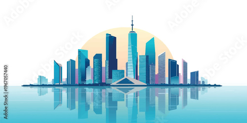 An illustrative 3d vector silhouette of the Abu Dhabi skyline at sunset and night features tall business skyscrapers and office tower architecture reflecting over the urban downtown metropolis citysca
