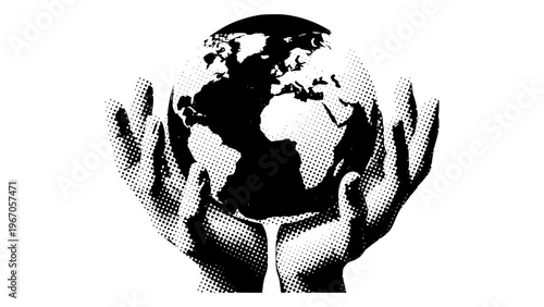 Halftone hand holds a ball of Earth world