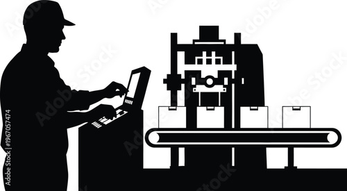 Dedicated factory worker operating industrial press machine manufacturing and production