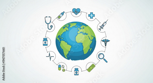Global healthcare and medical icons surrounding the earth symbolizing worldwide health and medicine concepts