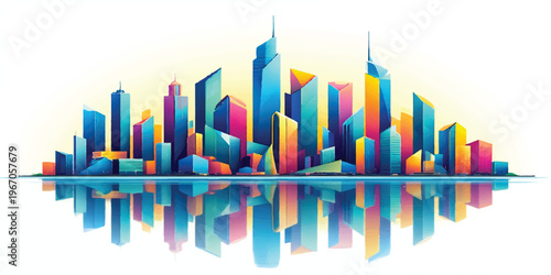 Abstract colorful background with lines and arrows featuring a 3d vector illustration of a city skyline and business skyscrapers in a modern urban architecture design
