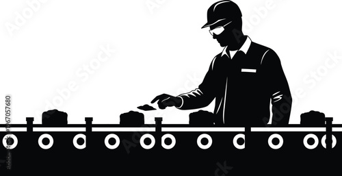 Vintage factory worker at machine industrial labor manufacturing scene