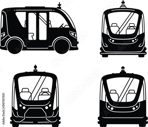 Autonomous Self-Driving Shuttle Bus Vector Illustration Set - Side, Front, and Rear View Icons