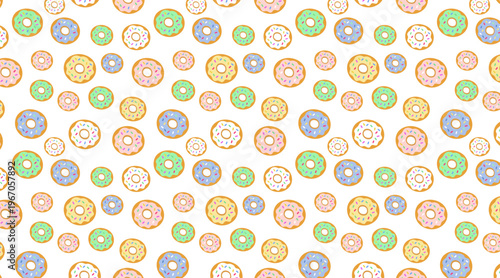 Seamless vector pattern of cute colorful donuts in pastel shades with sweet sprinkles. Playful dessert background for kids products, bakery packaging, and party textiles.