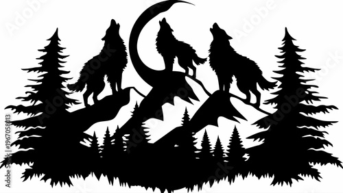 A black silhouette vector graphic of three wolves howling at the moon in a forest