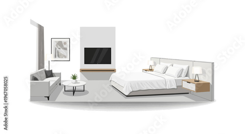 Modern Bedroom Suite with Sitting Area and Entertainment Center