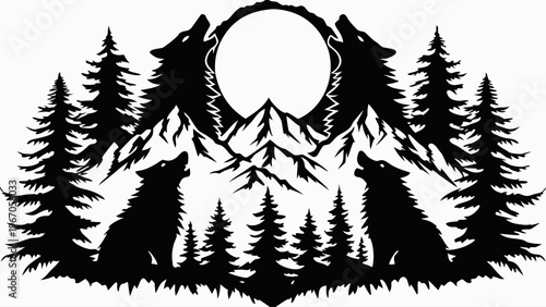 A black silhouette vector graphic of wolves howling at the moon in a forest