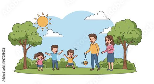 Happy Family Enjoying Outdoor Picnic Day in Sunny Park with Green Trees and Clouds