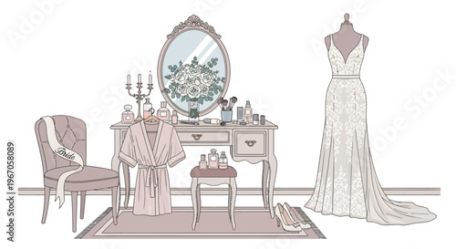 Bridal Dressing Room Scene: Wedding Dress, Vanity, Robe, Chair, Mirror, Makeup, Perfume