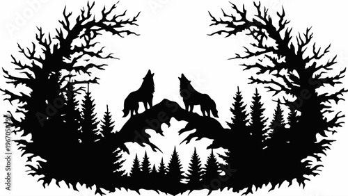 A black silhouette illustration of two wolves howling at the moon in a forest