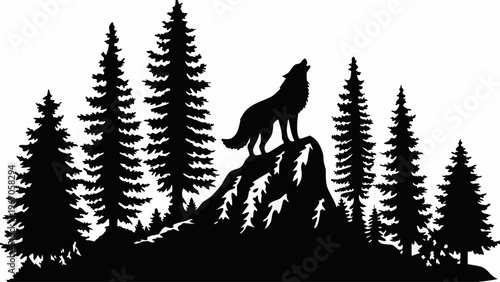 A black silhouette of a wolf howling on a rocky outcropping surrounded by pine trees in a forest.