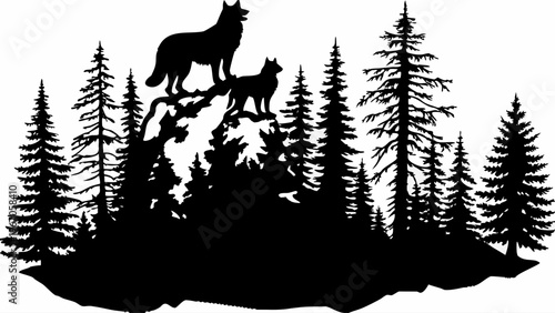 A black silhouette vector graphic of two wolves standing on a hill surrounded by pine trees
