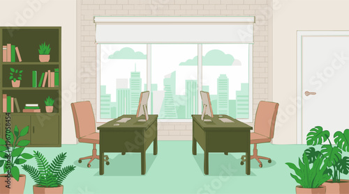 Modern office interior with two desks, computers, plants, and cityscape view