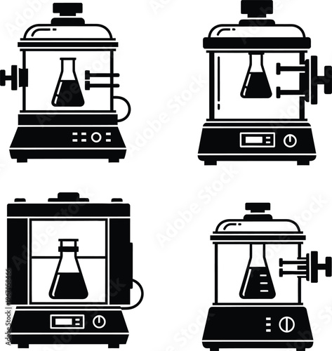 Laboratory Incubator and Oven Equipment Vector Icons Set - Science Research Tools with Flasks