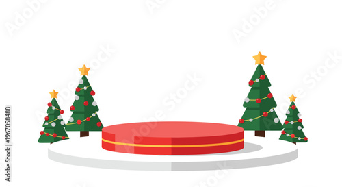 A festive flat illustration showcases a central red circular podium with gold trim, surrounded by four decorated Christmas trees.