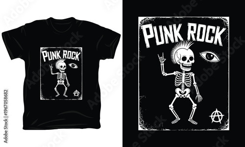 Punk rock skeleton illustration with mohawk and eye symbol.