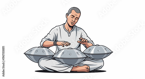 Musician meditating while playing handpans
