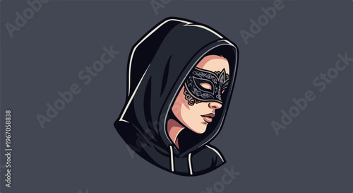 Mysterious figure in a black hood and ornate mask
