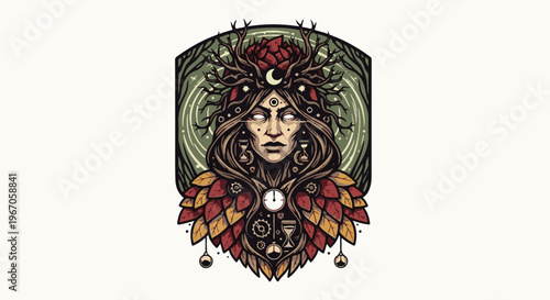 Mystical figure with antlers and foliage, adorned with moon and hourglass symbols