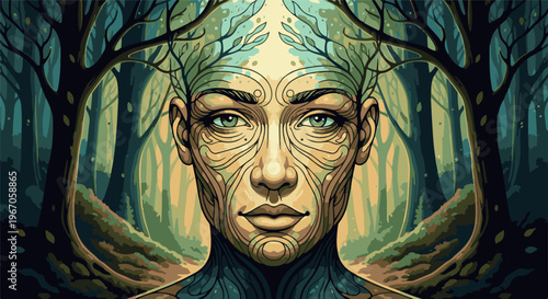 Mystical forest being with swirling patterns on face and branches