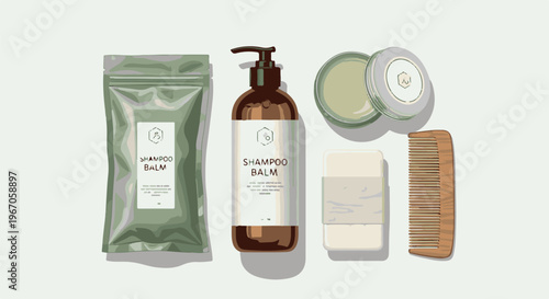 Natural haircare products balm, soap, tin, and wooden comb on white