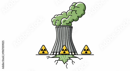 Nuclear cooling tower emitting green smoke, with radiation symbols on the ground