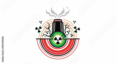 Nuclear power plant emitting smoke, surrounded by radiation symbols and abstract rings