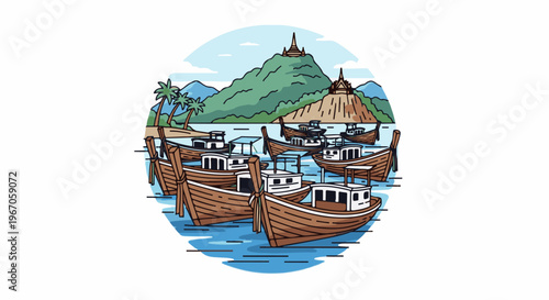 Numerous wooden boats bob on calm blue water with a lush green mountain in the background